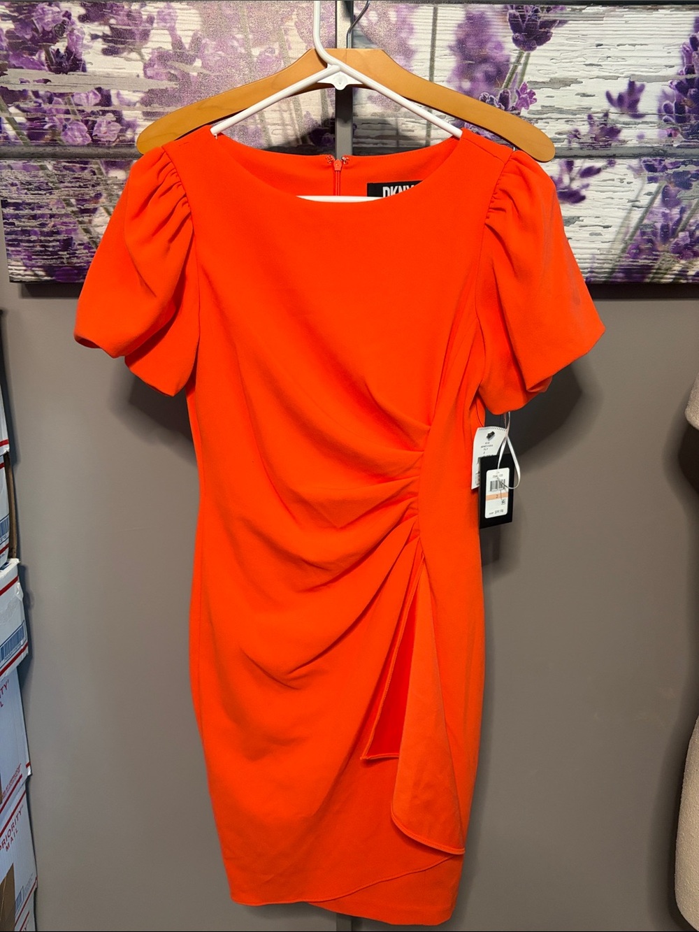 DKNY Bright Orange Ruched Puff-Sleeve Midi Dress Size 2 NWT